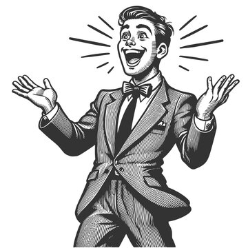 surprised businessman man in a suit, displaying an expressive reaction with hand near face sketch engraving generative ai character raster illustration. Scratch board imitation. Black and white image.