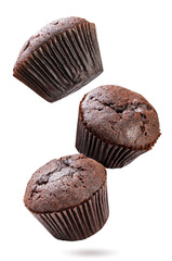 Chocolate muffins falling on white background. Isolated
