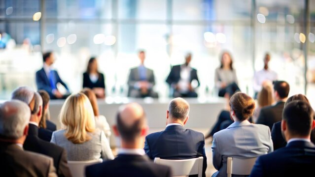 Executive Panel Discussion - Panelists at a business event with a blurred audience in the background.
- Powered by Adobe