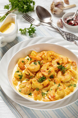 Sauteed Shrimp in creamy saffron sauce, top view