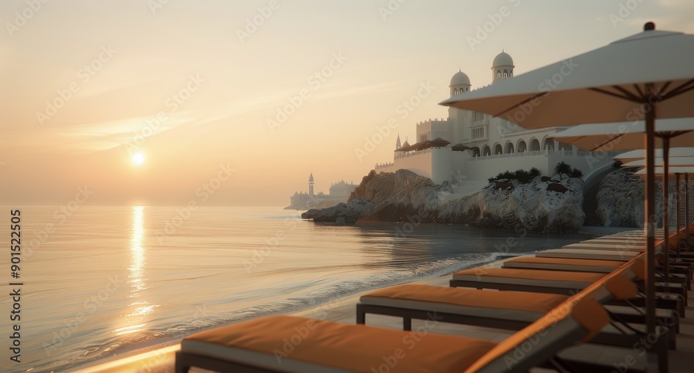 Canvas Prints Beach Lounge Chairs at Sunset, Oman