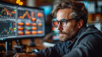 Obraz premium Focused Young Man Analyzing Stock Market Trends on Multiple Computer Screens in Modern Workspace. Generative AI