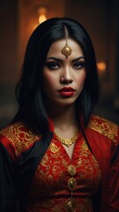 A woman with a gold ring on her head