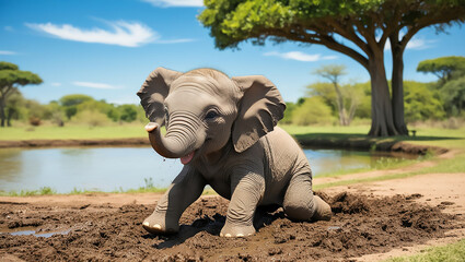 Fototapeta premium Playful Baby Elephant in the Mud