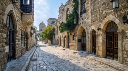 Fototapeta premium Charming Cobblestone Street in a Historic Town with Stone Architecture