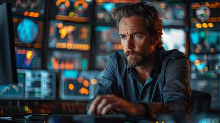 Fototapeta premium Focused Analyst Working Late in High-Tech Control Room Surrounded by Monitors. Generative AI