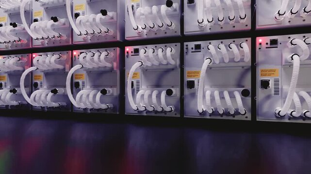 ASIC farm with flashing lights for mining Bitcoin cryptocurrency. Dark Server room with cryptocurrency Mining farm. Dolly shot Panoramic motion. Footage with Copy space in Full HD, 30 FPS.