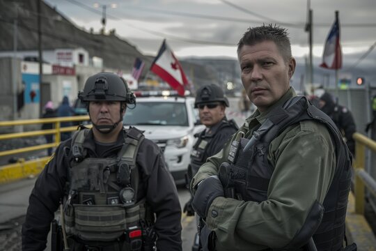 Three law enforcement officers in tactical gear are standing on duty outside, displaying stern expressions as they perform their security responsibilities.