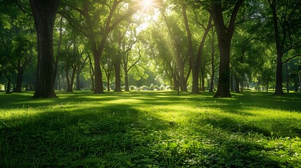 Fototapeta premium Serene Sunlit Forest with Lush Green Grass and Tall Trees