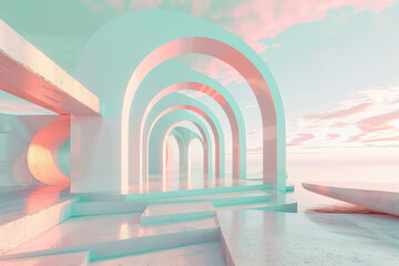 Fototapeta premium Surreal Architecture Landscape with Arches in Light Pink and mint green colors. Abstract design concept