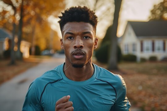 A focused man is jogging through a suburban neighborhood, surrounded by autumn trees, showcasing a health-conscious lifestyle and dedication to fitness. - Powered by Adobe