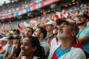 A lively crowd of diverse individuals cheering in a packed stadium, capturing the excitement and unity of sports fans at a large public event.