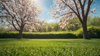 Obraz premium Beautiful summer-spring natural background. Landscape with young lush green grass with against the background of trees in the garden.