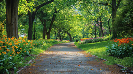 Obraz premium A path in a park with trees and flowers