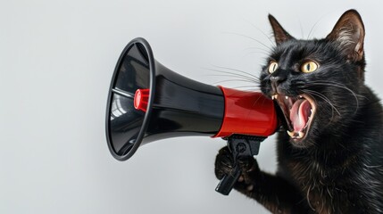 Fun and lively black cat with a megaphone against a clean white backdrop, ideal for engaging messages