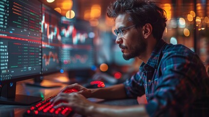Obraz premium Focused Individual Analyzing Stock Market Trends On Multiple Monitors Late At Night. Generative AI