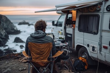 A man sits in a chair with a laptop on a portable table beside a van, overlooking a scenic seaside landscape, concentrating on his remote work.