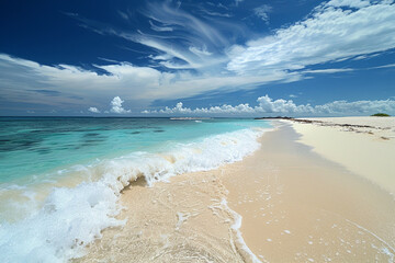 Paradise shore of blue ocean and white sand. Concept template for advertising travel agencies, vacations and summer sales