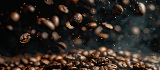 Coffee beans in motion on a dark backdrop with blur for product presentation offering a clear copy space image