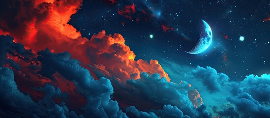 Fototapeta premium A stunning scene featuring a night sky adorned with clouds stars and the moon set against a Turkish flag backdrop ideal for a copy space image