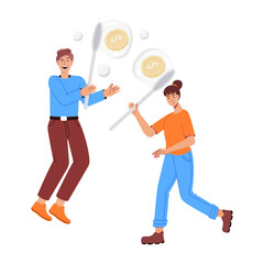 People chasing money with net, flat illustration 

