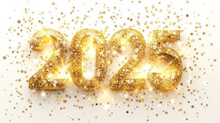 Happy New Year 2025 in sparkling golden color, isolated on a white background, creating a festive and cheerful atmosphere