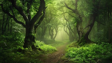 Obraz premium Mysterious forest with sunbeams and fog. Fantasy landscape.