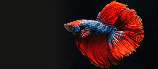 Fototapeta premium The elegant red and blue Siamese betta fish in motion against a plain black backdrop with room for additional text or images