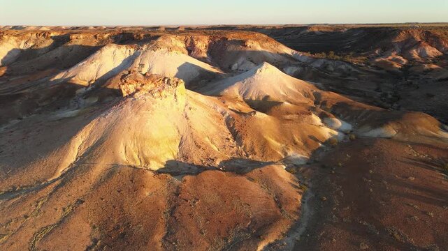 Flying over surreal landscape of Breakaways Conservation Park, South Australia