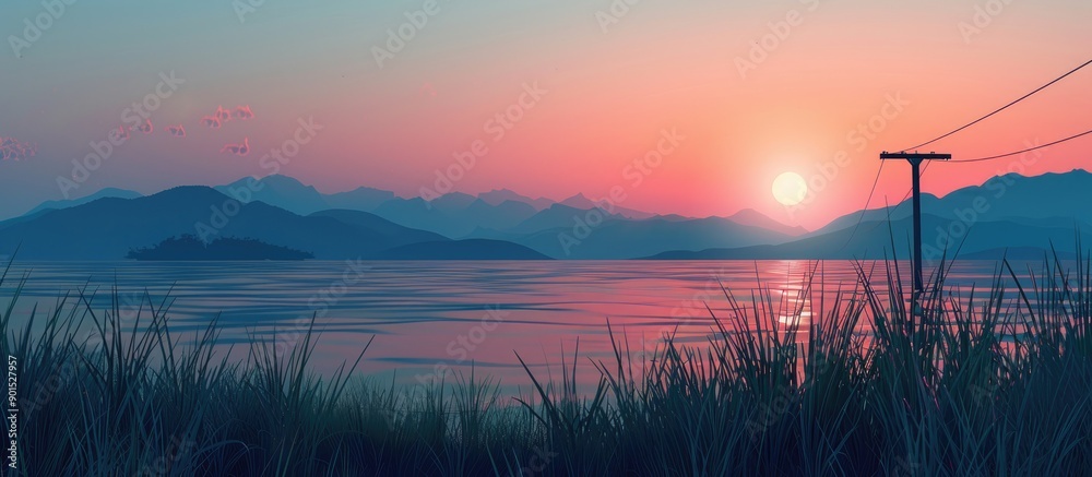 Sticker A serene seaside sunset landscape with grass silhouette mountains and an electric pole over the water perfect for a copy space image