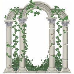 Naklejka premium Roman arch with columns and green ivy creeper on a white background. Temple frame with stone pillars in climbing vines. Modern 3D rendering of creeping plants on architecture.