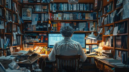Researcher Working Late Night Surrounded by Books in Home Office Library. Generative AI
