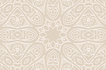 Embossed white lorem background, cover design, banner, logo. Place for text. Geometric original 3D pattern. Tribal ornaments, mandala. Ethnic traditions of the East, Asia, India, Mexico, Aztec, Peru.