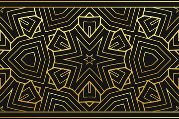 Black background, cover design, banner, logo. Geometric decorative gold pattern. Tribal ornaments, mandala. Ethnic traditions of the East, Asia, India, Mexico, Aztec, Peru.