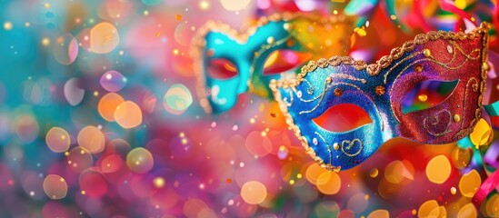 Fototapeta premium Festive carnival masks on a colorful blurred backdrop embodying the spirit of carnival celebrations Perfect for a copy space image
