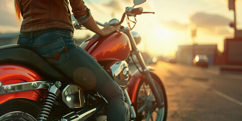 Fototapeta premium Female Biker on Red Motorcycle at Sunset for Adventure and Freedom Themes