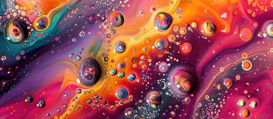 Vivid acrylic paint on a fantastic surface with a top view showcasing a macro structure of multicolored bubbles in paint and oil suitable for a copy space image