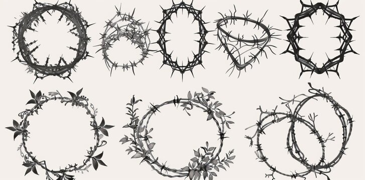 The silhouettes of twisted barbed wire framed by steel black wire are set in rounded and square shapes. A concept of protection, danger, or security can be expressed through this illustration.