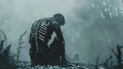 A Haunting Figure in a Misty Forest Landscape