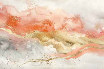 Fototapeta premium A modern illustration for wedding invitations with a dusty pink liquid marbled watercolor background with gold cracks and stains. Pastel marble alcohol ink drawing effect with gold metallic foil.