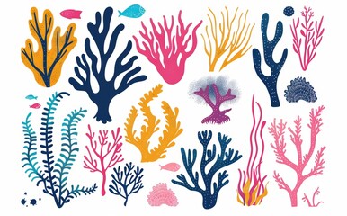 Corals and seaweed silhouettes in a modern style. Underwater reef and sea kelp in hand drawn doodle style. Illustration of marine aquarium plants.