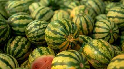 Vibrant Watermelon Harvest Under Bright Sunlight in a Bustling Farmers' Market. Generative AI