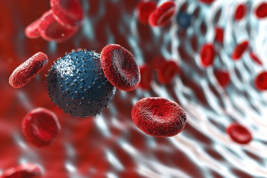 A 3D digital illustration showcasing red blood cells and a virus, emphasizing the concept of bloodborne pathogens and immune response.