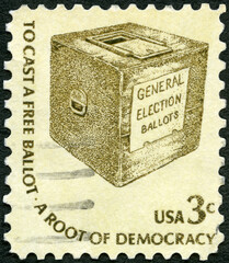 UNITED STATES OF AMERICA - 1975: shows Early Ballot Box, to cast a free ballot, a root of...