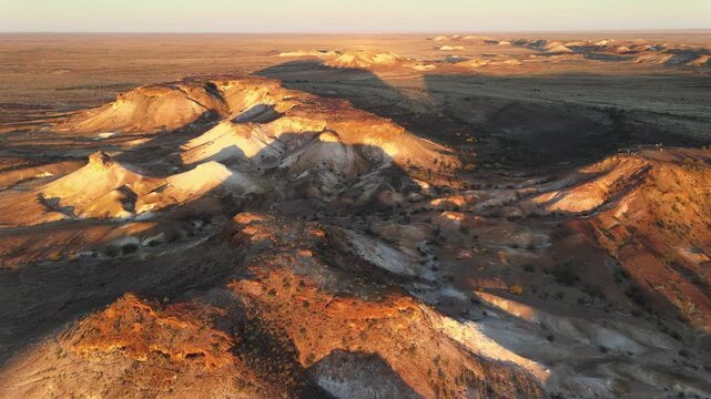 Flying over surreal landscape of Breakaways Conservation Park, South Australia