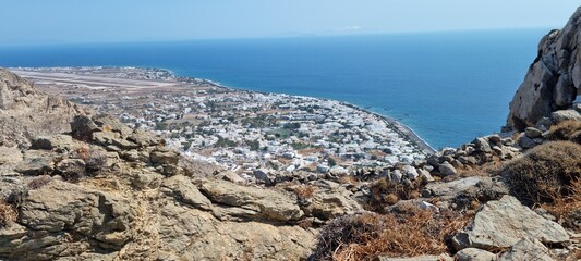 view of Kamari city in Santorini from the ancient thera road