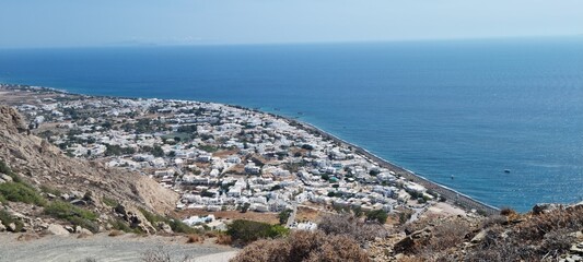 view of Kamari city in Santorini from the ancient thera road