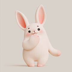 Obraz premium Simple fat cute kawaii fluffy cartoon white easter bunny with eyebrows, pink ears, cheeks, soft paws stands in shy pose touching chin with hand with happy facial expression. 3d render in pastel colors