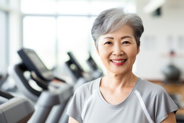 Obraz premium senior woman happy expression in a gym. fitness teacher concept. ai generated