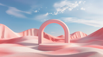 3d render surreal abstract background in pastel blue and pink colors with geometry arch and fantasy futuristic minimalistic modern stage for product display presentation